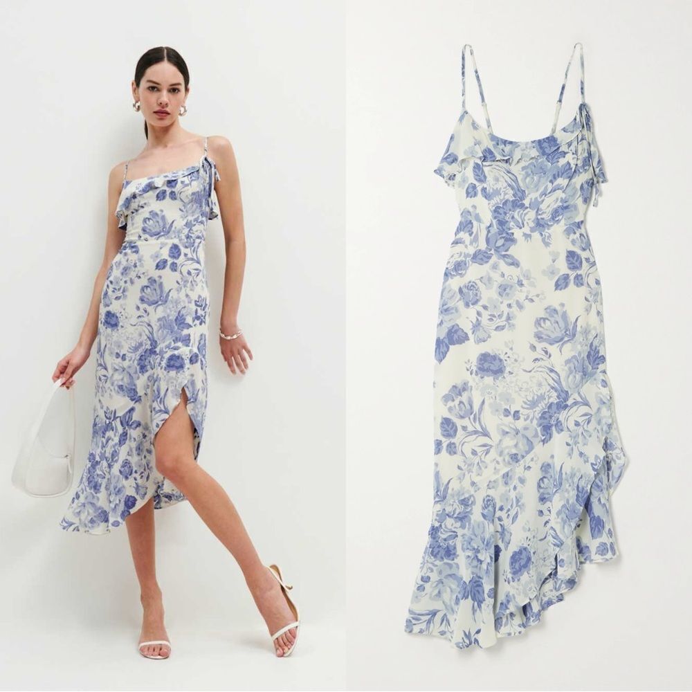 NEW REFORMATION Liana Asymmetric Ruffled Floral-print Georgette dress